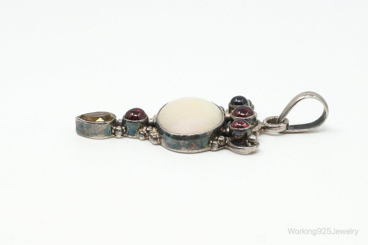 Large Vintage Mothe Of Pearl Citrine Garnet Sterling Silver Pendant