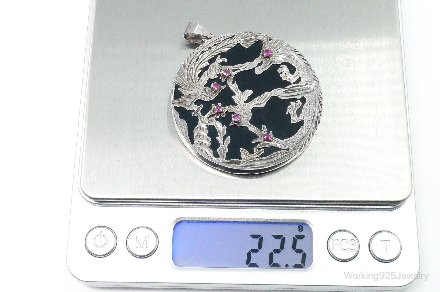 Vintage Large Ruby Black Onyx Etched Birds In Nature Sterling Silver Pendant