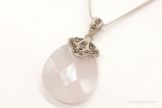 Vintage Large Rose Quartz Marcasite Sterling Silver Necklace — photo 2 of 10