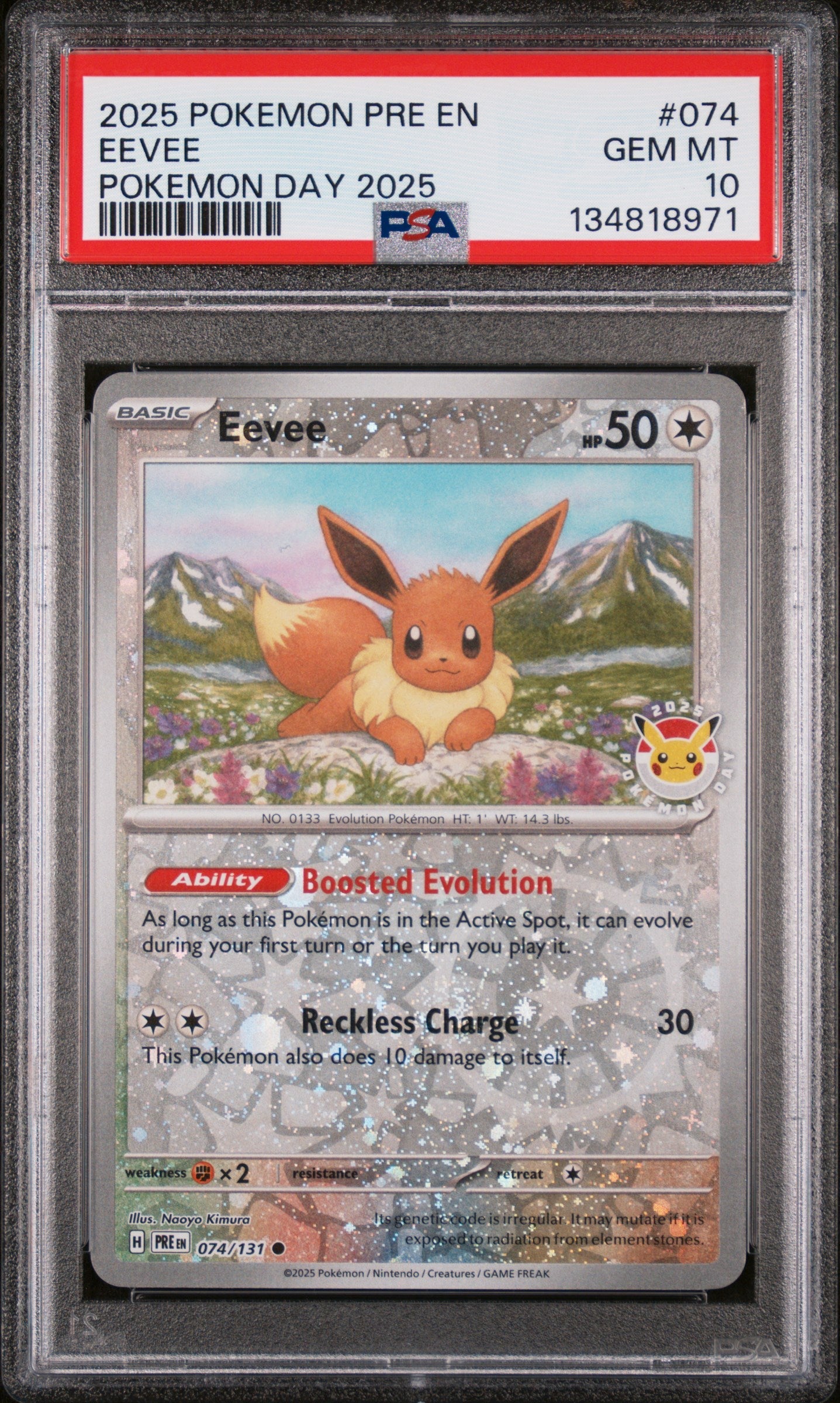 Clasificada 2025 PKM PRE EN Eevee #074 Juego de Cartas Coleccionables Pokémon Day PSA 10 Gem Mint