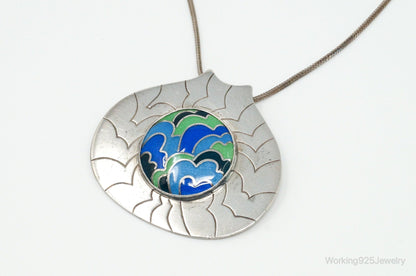 RARE Vintage 1970s Modernist Caren Sterling Silver Enamel Necklace