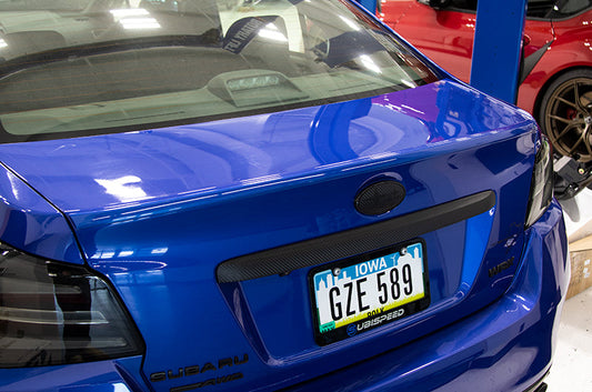 OLM Paint Matched Trunk Hole Delete for OEM Short Spoiler - World Rally Blue - 2015-2021 Subaru WRX / STI — photo 2 of 6
