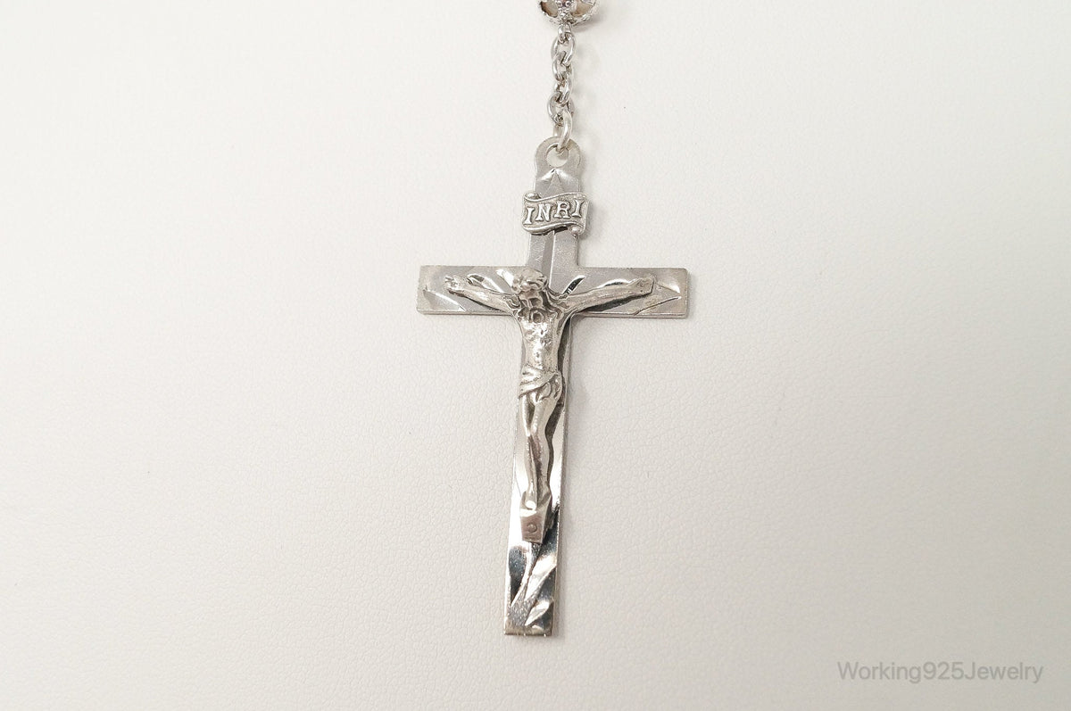 Vintage Crystal Beaded Rosary Cross Sterling Silver Necklace