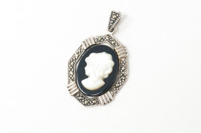 Vintage Geschnitzte Kamee Perlmutt Frau Sterling Silber Halskette Anhänger