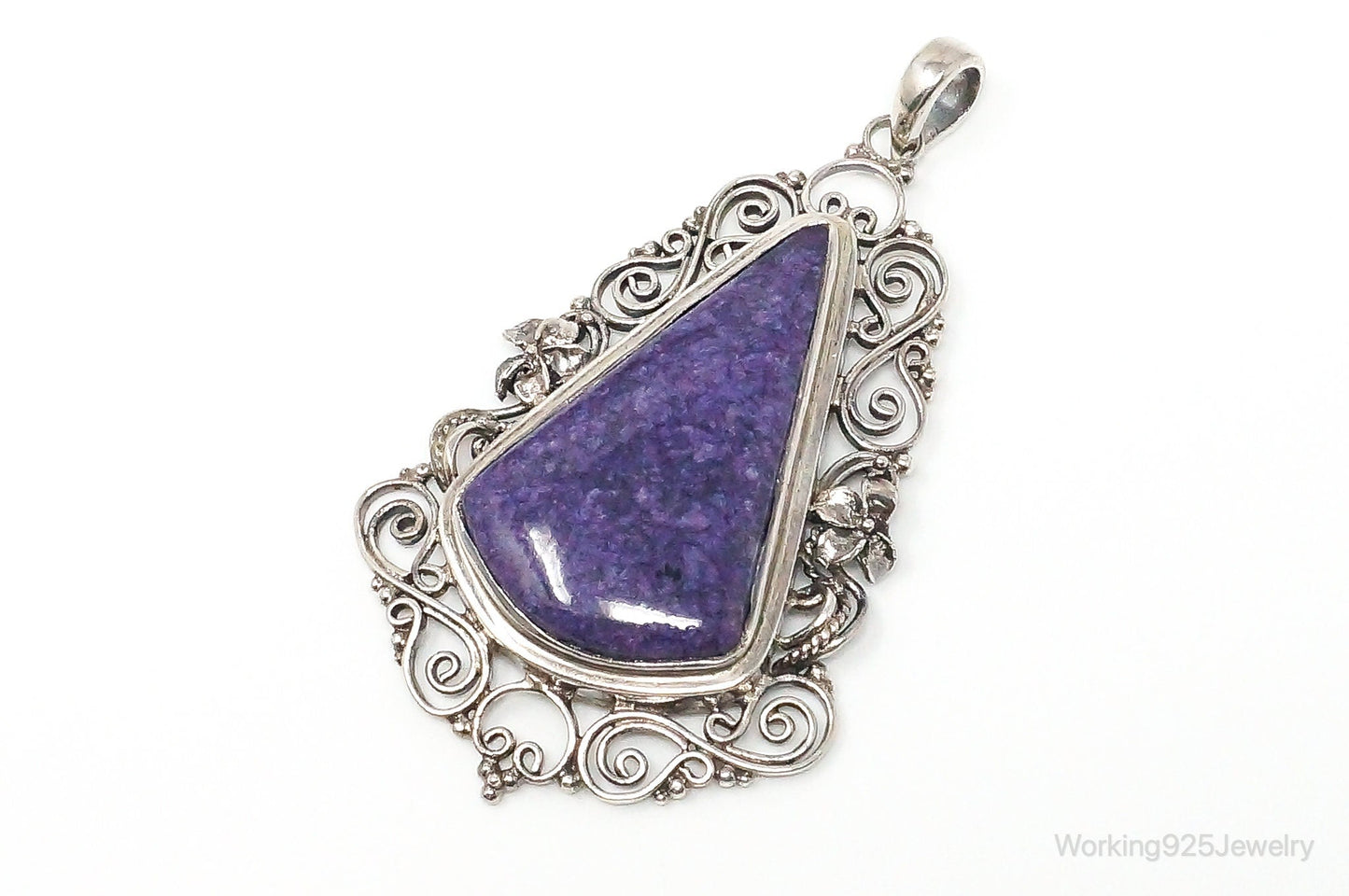 Vintage Purple Charoite Sterling Silver Floral Scroll Statement Necklace Pendant