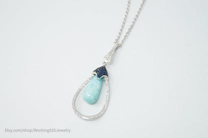 Vtg Designer RPG Ocean Blue Larimar Sapphire Diamond Sterling Silver Necklace