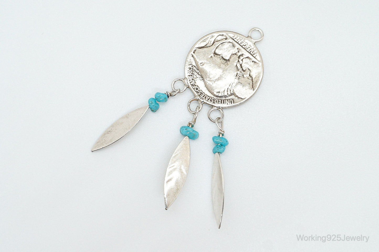 Vintage Native American Made Buffalo Nickel Turquoise Sterling Silver Pendant