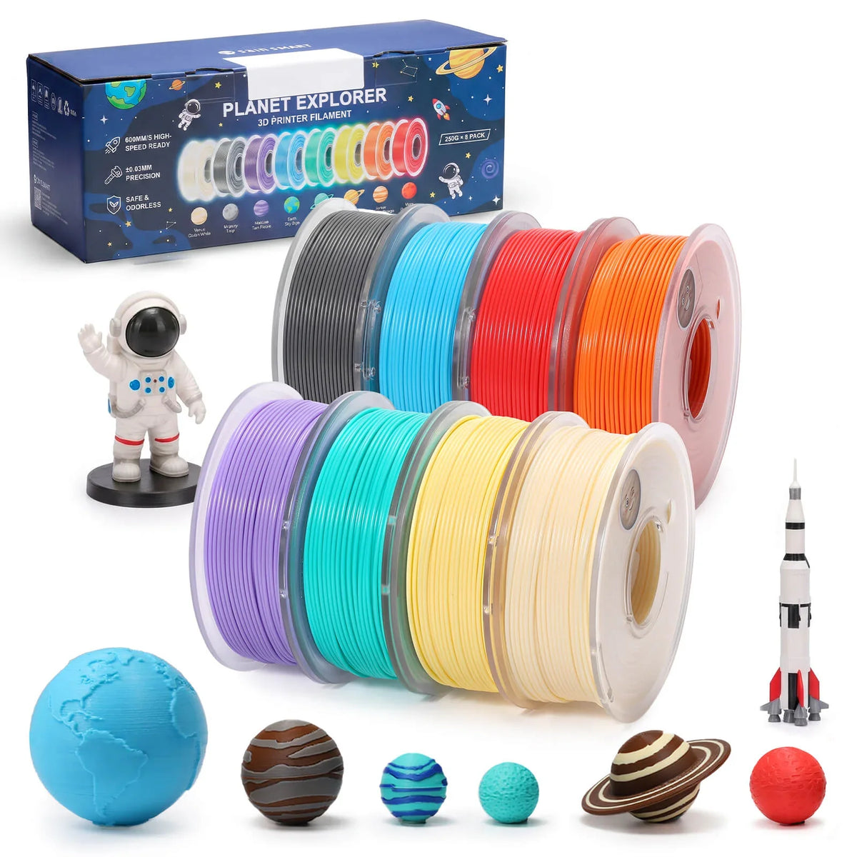 PLA Filament 1.75mm, Planet Explorer 8-Color Mini Spool Bundle, 250g Each, High-Speed PLA, +/-0.02mm Accuracy, Easy-to-Print, Compatible with Most FDM 3D Printers — photo 1 of 8