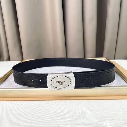 Prada Leather Belt Brushed Silver Buckle 'Black'