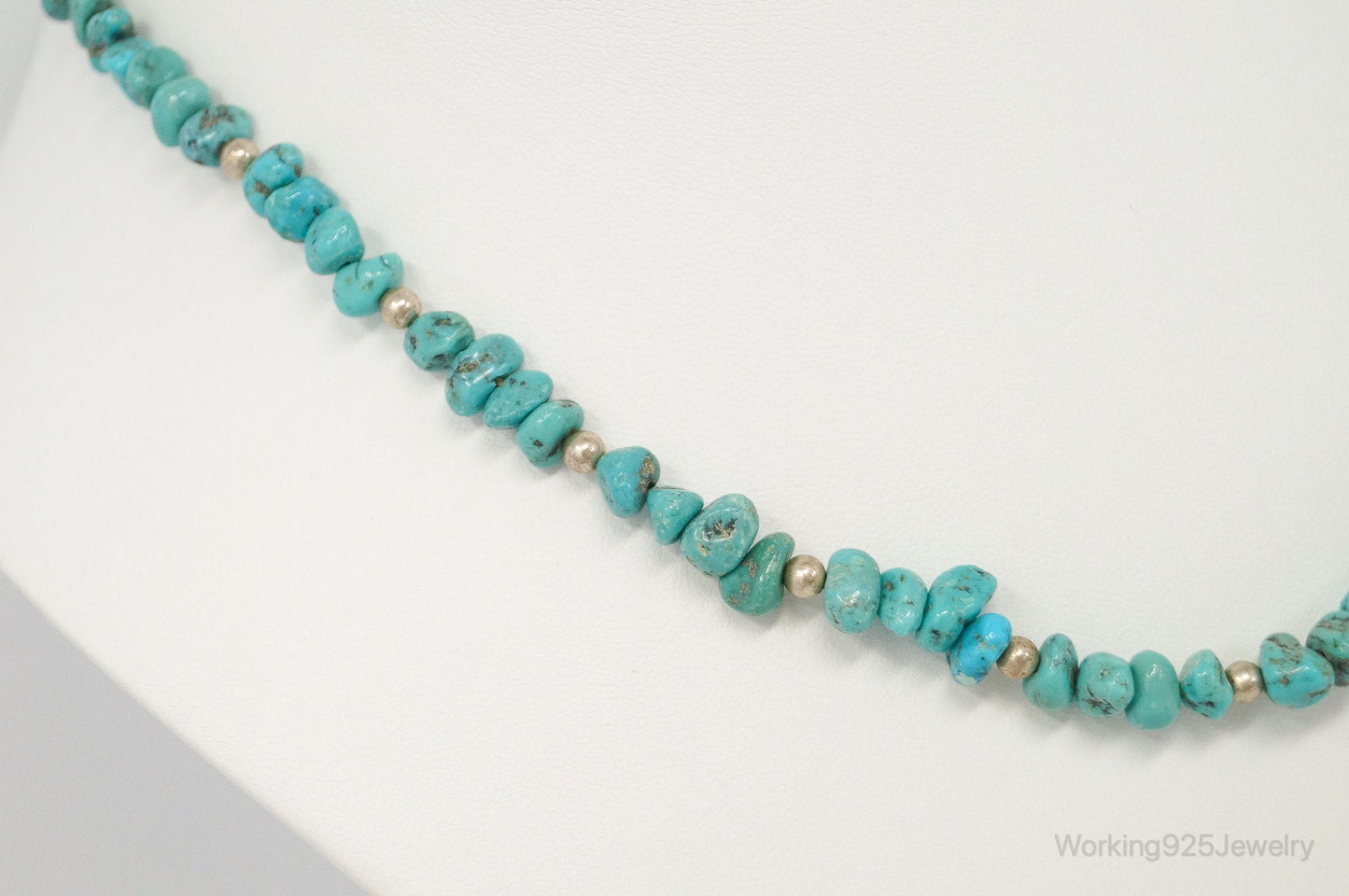 Vintage Native American Unsigned Turquoise Beaded Sterling Silver Necklace