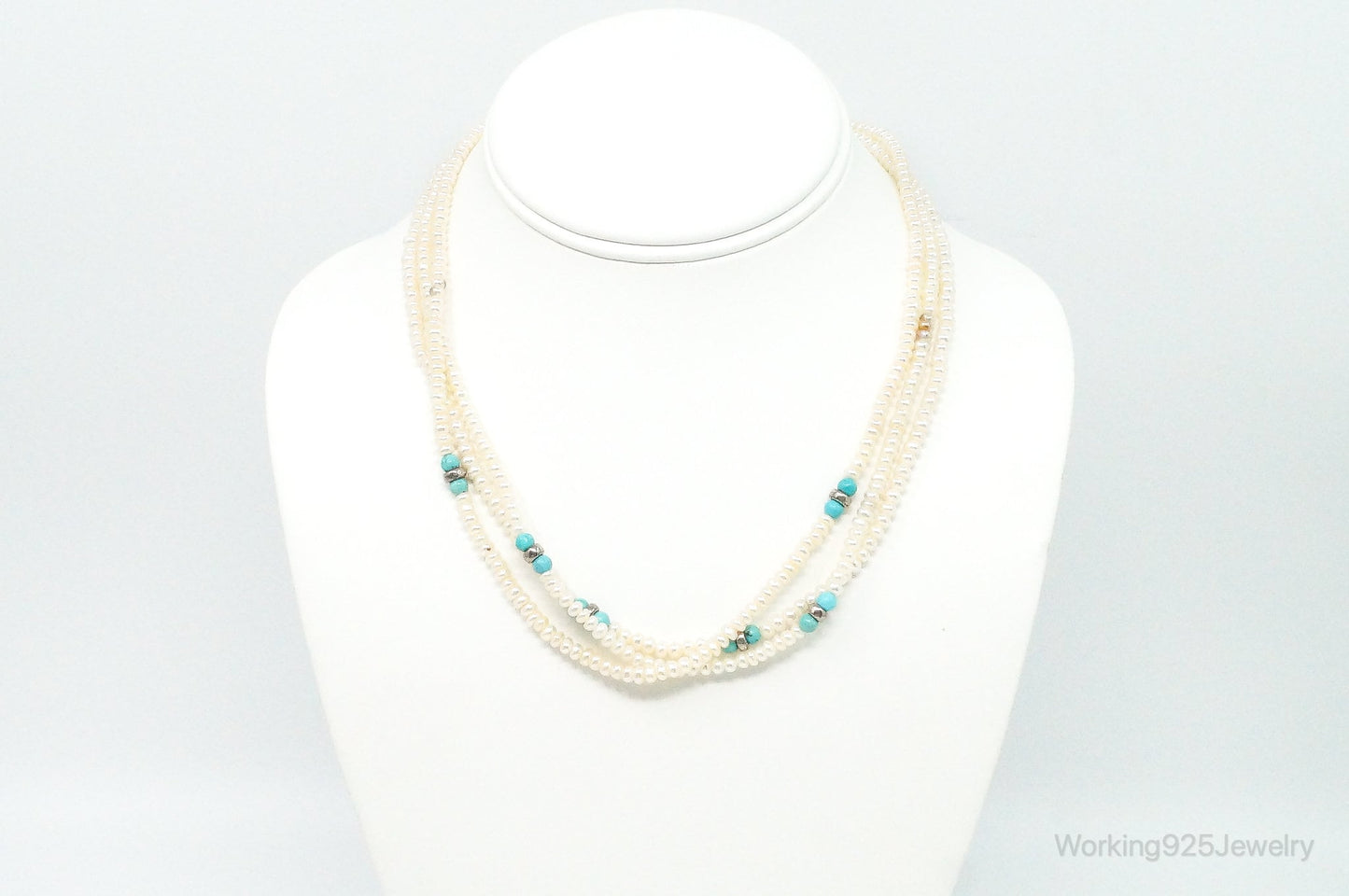 Vintage Native American Turquoise & Pearl Sterling Silver Bead Necklace