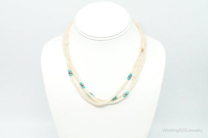 Vintage Native American Turquoise & Pearl Sterling Silver Bead Necklace