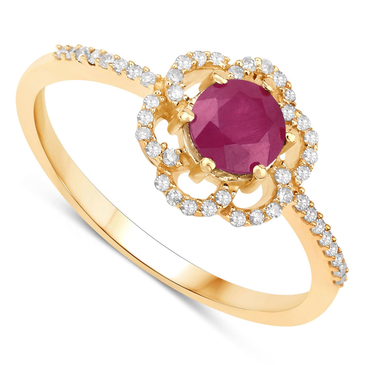 0.68 Carat Genuine Ruby and White Diamond 14K Yellow Gold Ring