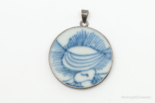 Blau-weißer Ming-Porzellan-Anhänger aus Sterlingsilber – Antiker Schmuck