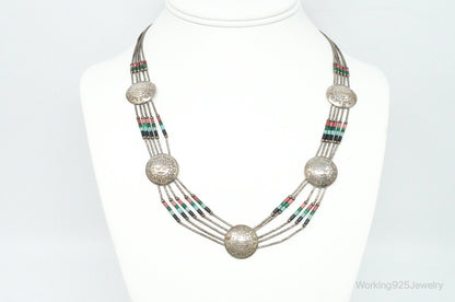 Vintage Native American Multi Gem Bead Kachina Sterling Silver Necklace