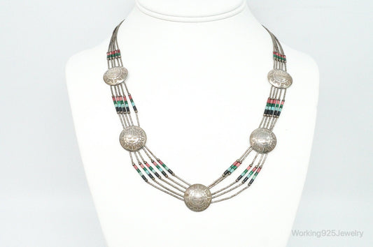 Vintage Native American Multi Gem Bead Kachina Sterling Silver Necklace — photo 1 of 10