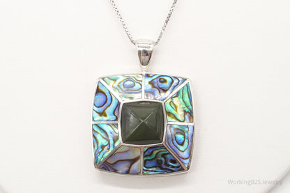 Vintage Paua Abalone Shell Green Stone Sterling Silver Necklace
