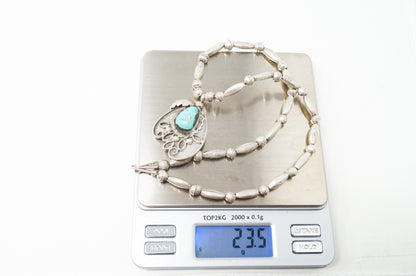 Vintage Native American Signed MV Turquoise Rope Sterling Silver Necklace