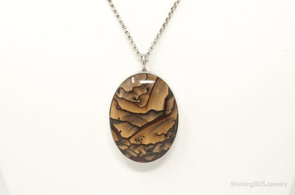 Vintage Unsigned Native American Large Picture Jasper Sterling Silver Necklace
