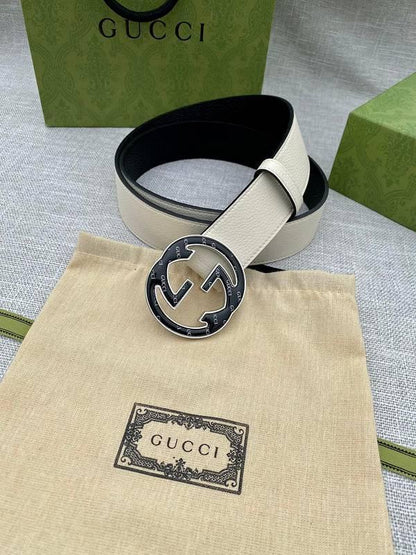 GUCCI Embellished coated-canvas and leather belt 'Cream'