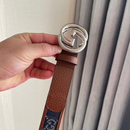 GUCCI Embellished coated-canvas and leather belt 'Brown/Blue'