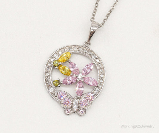 Vintage Multi Color Cubic Zirconia Sterling Silver Flower Necklace — photo 1 of 10