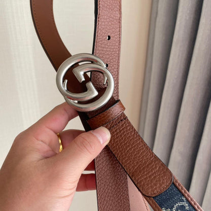GUCCI Embellished coated-canvas and leather belt 'Brown/Blue'
