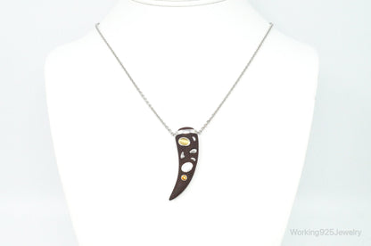 Vintage Large Wood Claw Tigers Eye Citrine Sterling Silver Necklace