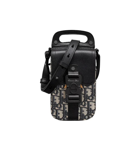 Saddle Vertical Pouch with Strap Beige and Black Dior Oblique Jacquard with Black Grained Calfskin