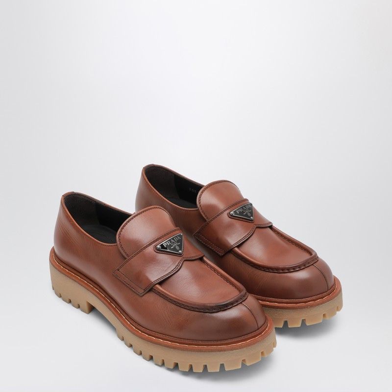 PRADA Men's Leather Loafers with Enamelled Metal Logo Strap