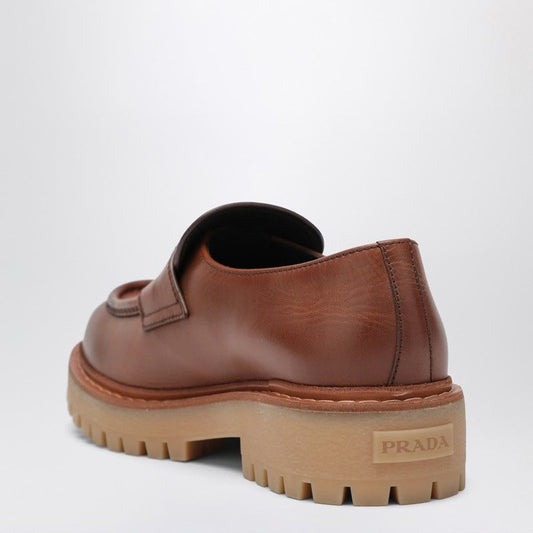PRADA Men's Leather Loafers with Enamelled Metal Logo Strap