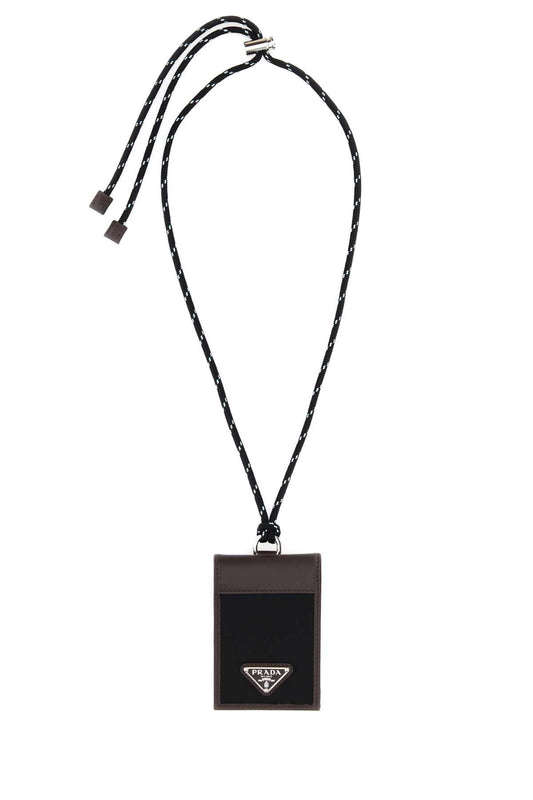 PRADA Mini Two-Tone Canvas and Leather Card Holder