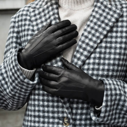 Francesca (black) - Italian lambskin leather gloves with brown rabbit fur lining — photo 9 of 10