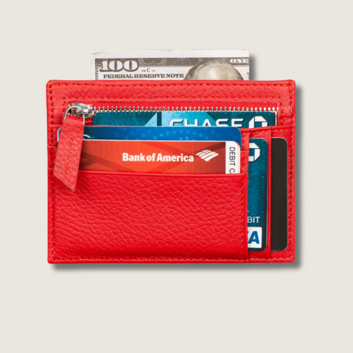 Vibrant Leather Card Holder with Zipper Pocket - Red - Concord