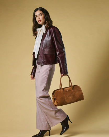 Chiara (cognac) - Italian calf suede women's handbag (with shoulder strap) — photo 5 of 9
