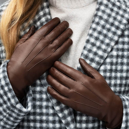 Francesca (brown) - Italian lambskin leather gloves with white rabbit fur lining — photo 10 of 10