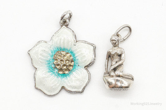 Vintage Modernist Enamel Flower Little Mermaid Sterling Silver Pendants — photo 1 of 8