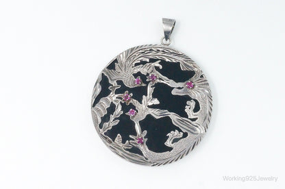 Vintage Large Ruby Black Onyx Etched Birds In Nature Sterling Silver Pendant