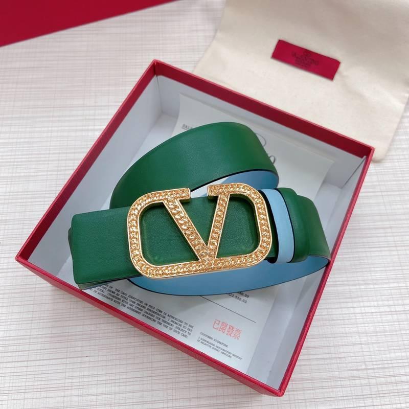 Valentino V logo Hammered Buckle Reversible Wide Signature Belt 'Green/Sky Blue'