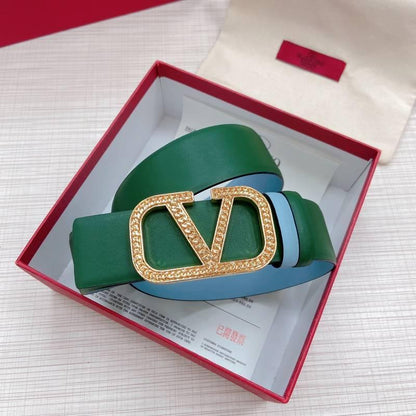 Valentino V logo Hammered Buckle Reversible Wide Signature Belt 'Green/Sky Blue'