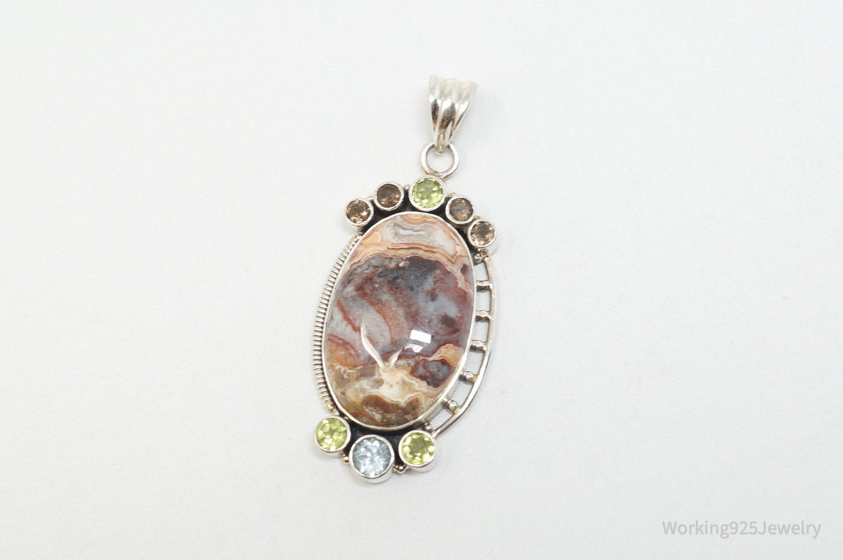 Vintage Large Brown Crazy Lace Agate Peridot Sterling Silver Necklace Pendant