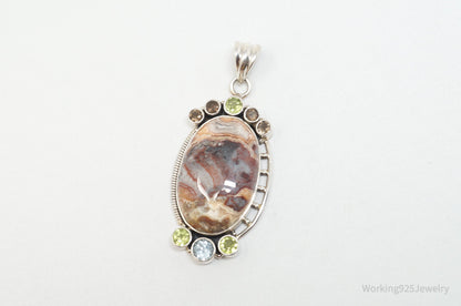 Vintage Large Brown Crazy Lace Agate Peridot Sterling Silver Necklace Pendant