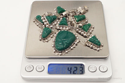 Vintage Mexico Green Onyx Carved Masks Sterling Silver Necklace