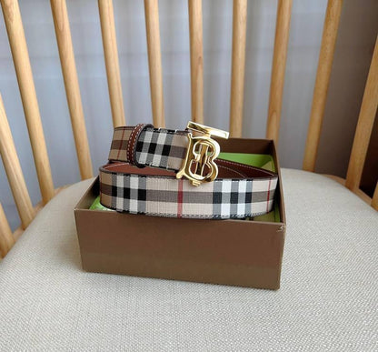 Burberry TB Belt: E-Canvas & Leather Vintage Check Monogram Buckle
