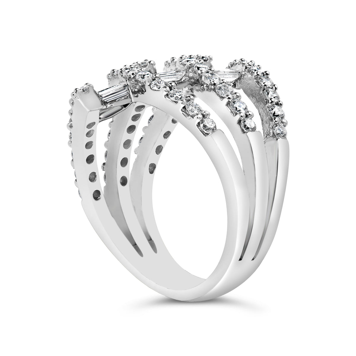 18K White Gold 1 3/4 Cttw Diamond Multi Crossover and Split Shank Cocktail Ring