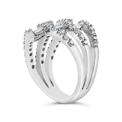 18K White Gold 1 3/4 Cttw Diamond Multi Crossover and Split Shank Cocktail Ring