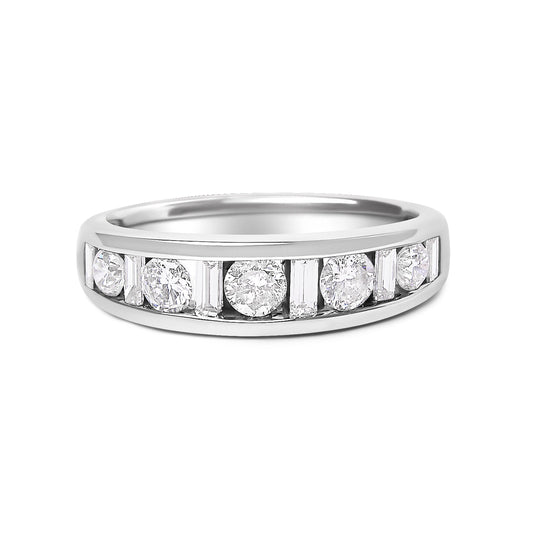 14K White Gold Alternating 1.0 Cttw Round and Baguette Diamond Channel Band Ring