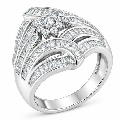 .925 Sterling Silver 1-1/8 Cttw Round & Baguette Diamond 'Flower & Fern' Cluster Cocktail Fashion Ring (I-J Color, I2-I3 Clarity) - Size 6