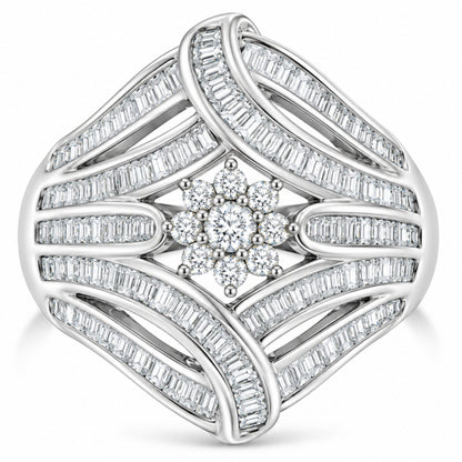 .925 Sterling Silver 1-1/8 Cttw Round & Baguette Diamond 'Flower & Fern' Cluster Cocktail Fashion Ring (I-J Color, I2-I3 Clarity) - Size 6