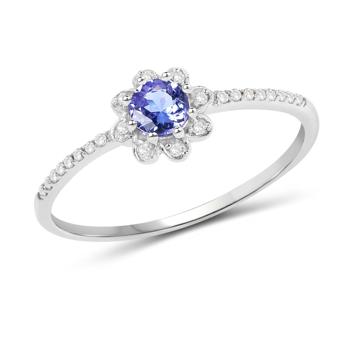 0.30 Carat Genuine Tanzanite and White Diamond 14K White Gold Ring
